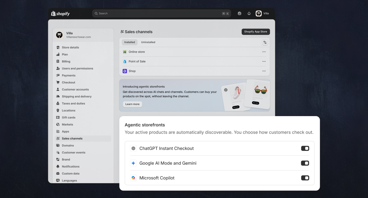 Shopify Agentic Storefronts: Sell Inside ChatGPT & Gemini 2 Shopify admin screen for managing agentic commerce across AI channels such as Google, Gemini, and Copilot