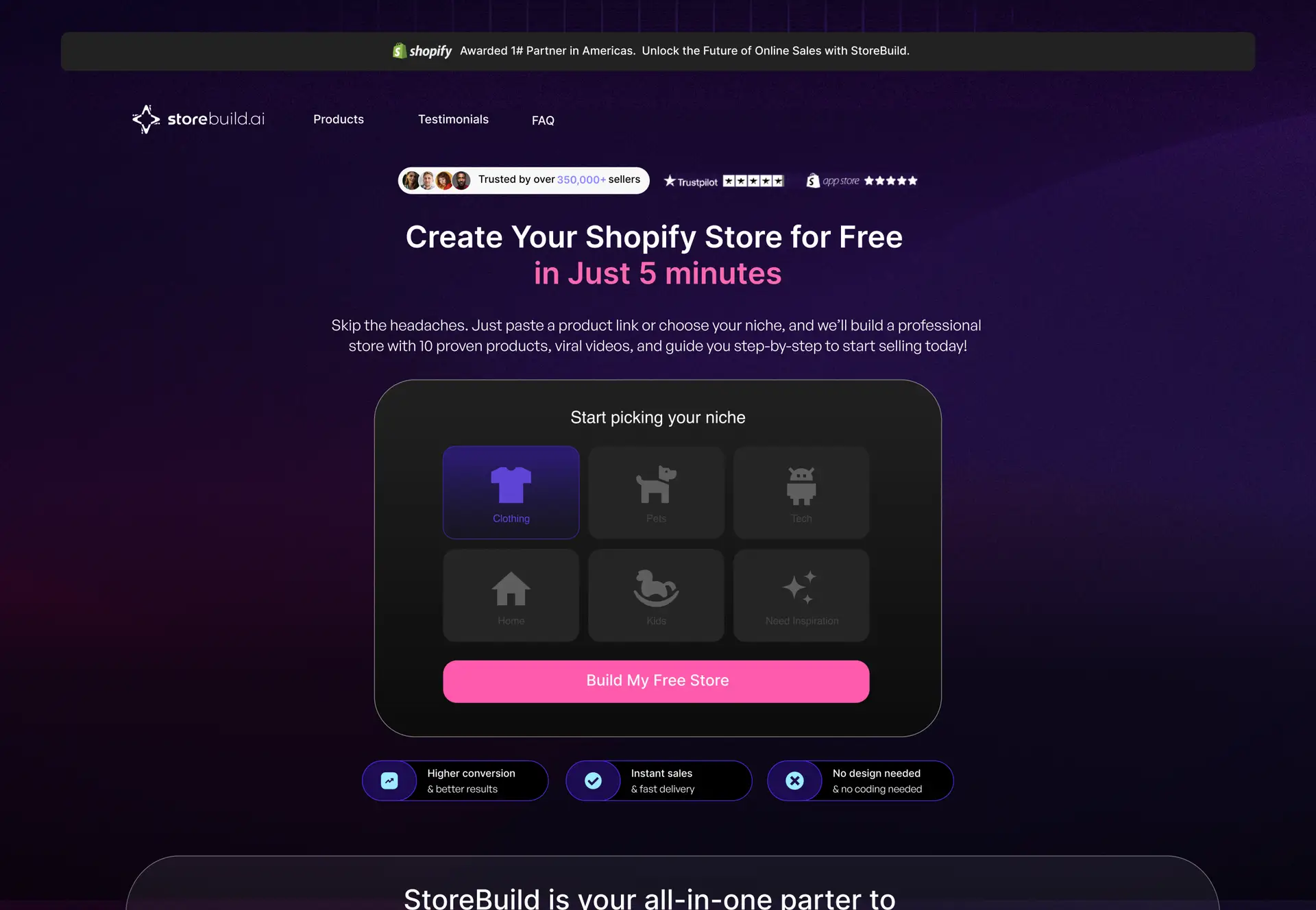 StoreBuild AI store builder with a generated Shopify store