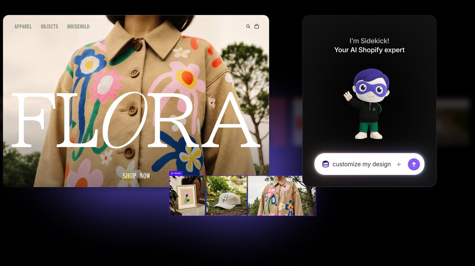 How to Use Shopify Sidekick: 13 Prompts That Do the Work 1 Shopify Sidekick chat interface with example prompts and a generated store design for a flower business