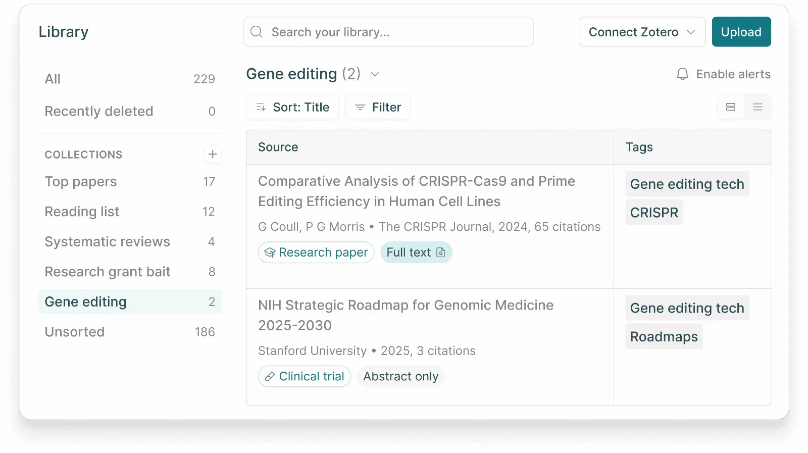 Elicit AI Review: Is It Worth It for Real Research? 2 Elicit Library showing a gene editing collection with source lists and tags