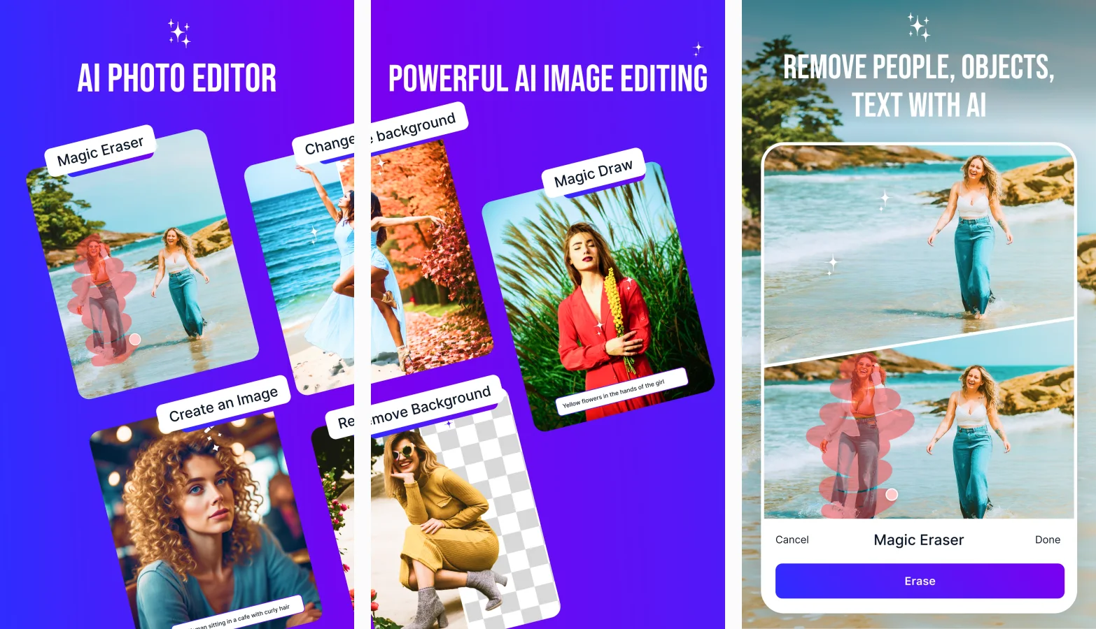 Magic Studio app screens showing AI photo editing and object removal