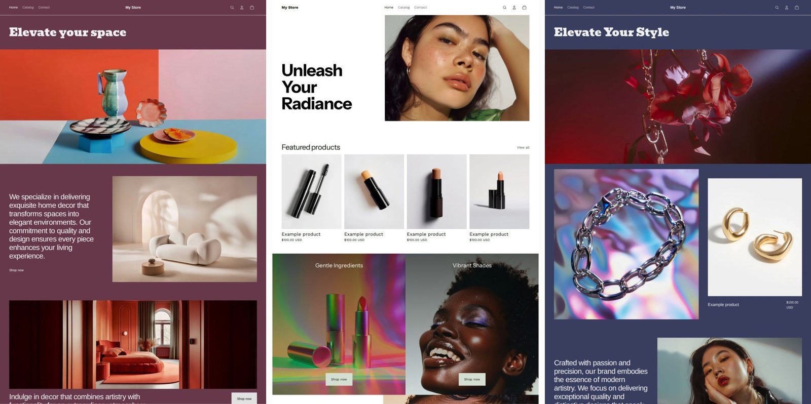 Three store designs generated by the Shopify AI store builder