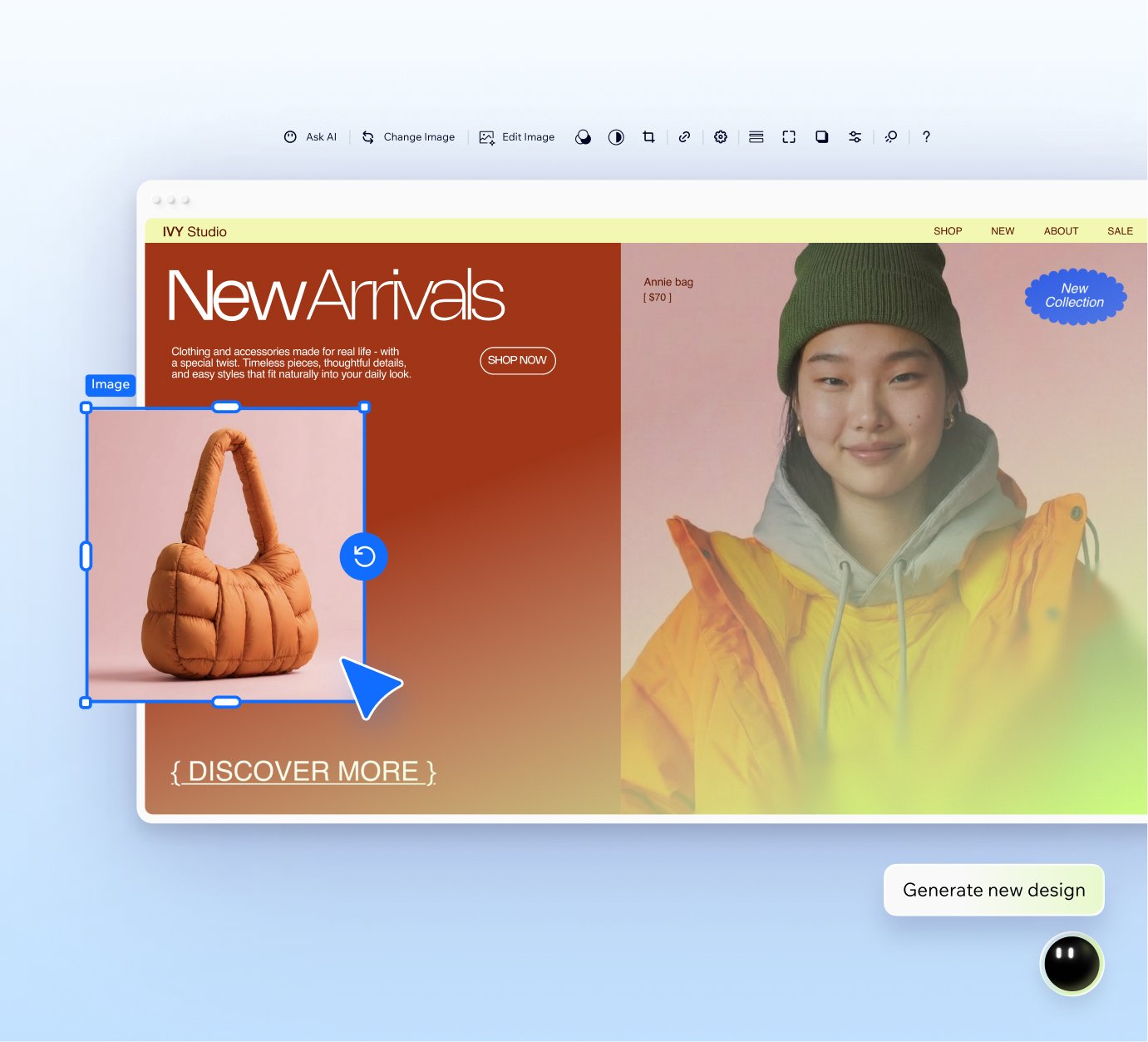 Wix editor with an AI-generated fashion store homepage